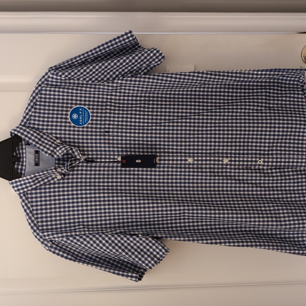 Izod Cool FX Blue Gingham Check Short Sleeve Button Down Shirt. Size Large $55